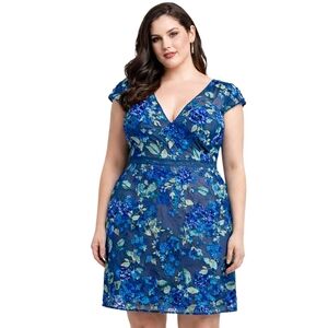 Marchesa Notte 3D Floral Embroidered Mesh Dress Blue Size 14 Evening Cocktail